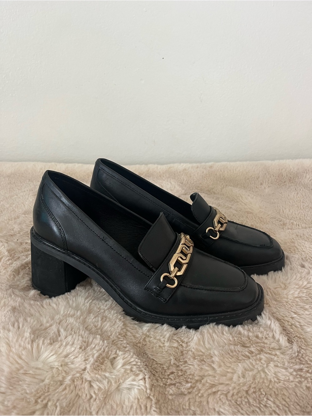 Sanctuary Black Loafers with Gold Chain Accent